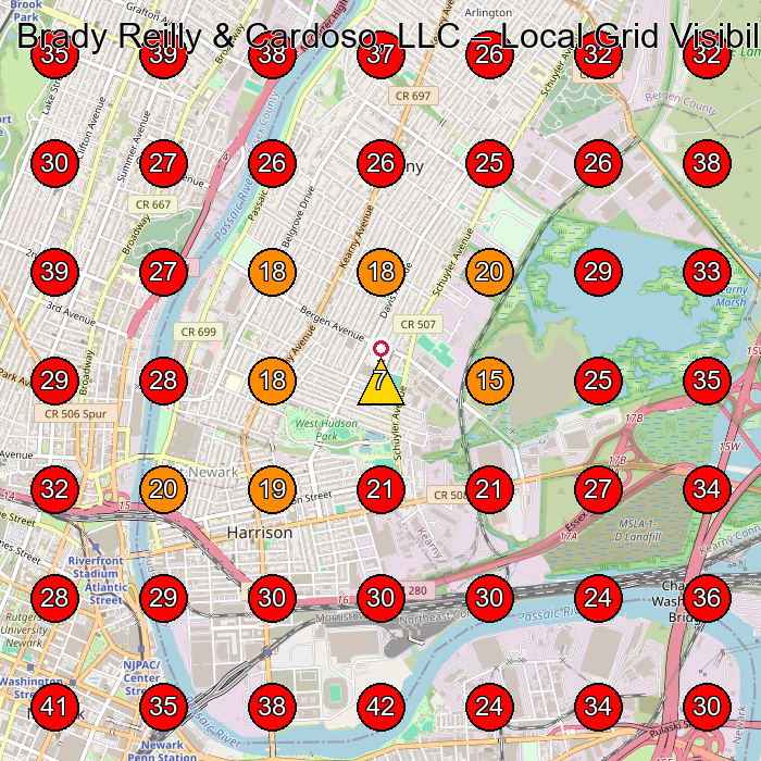 Brady Reilly & Cardoso, LLC GeoGrid visibility map for Personal Injury Attorney in Lyndhurst